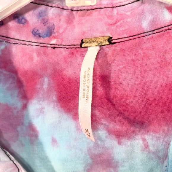 Free People Medium Top Handmade Tie Dye Button Down Long Sleeve Purple Blue 1195 - Picture 2 of 11